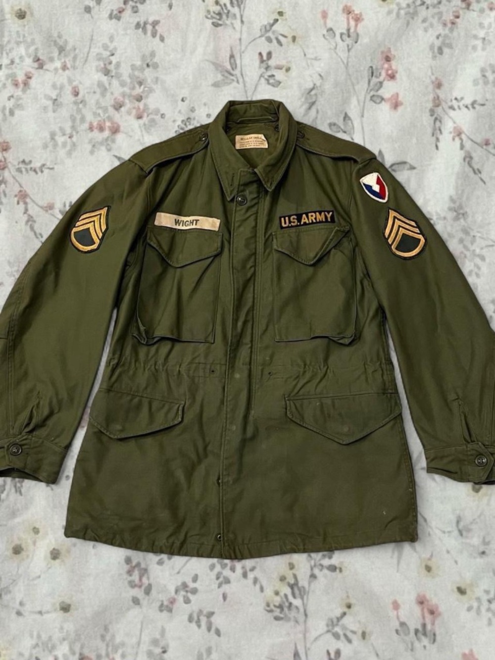 Vintage 50s Army M51 OG 107 Coat Cotton Sateen Olive Patched Named Made in USA